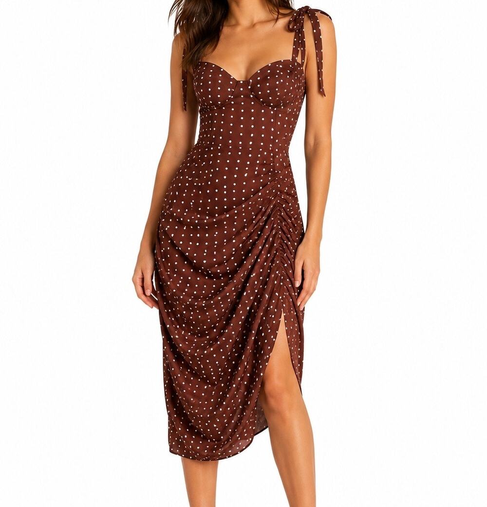 CUPSHE Polka Dot Ruched Brown Mini Dress NWT Size Medium
